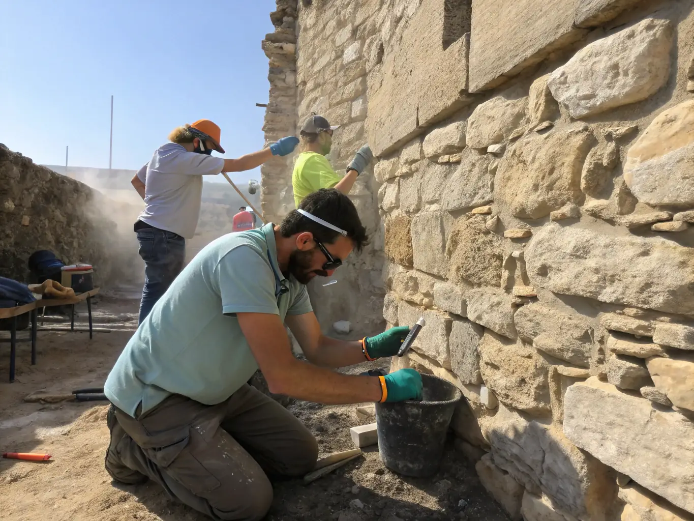 A photograph showing skilled artisans working on the restoration of a stained glass window in the Saint Nicolas Chapel, emphasizing the meticulous work involved in preserving its historical features.