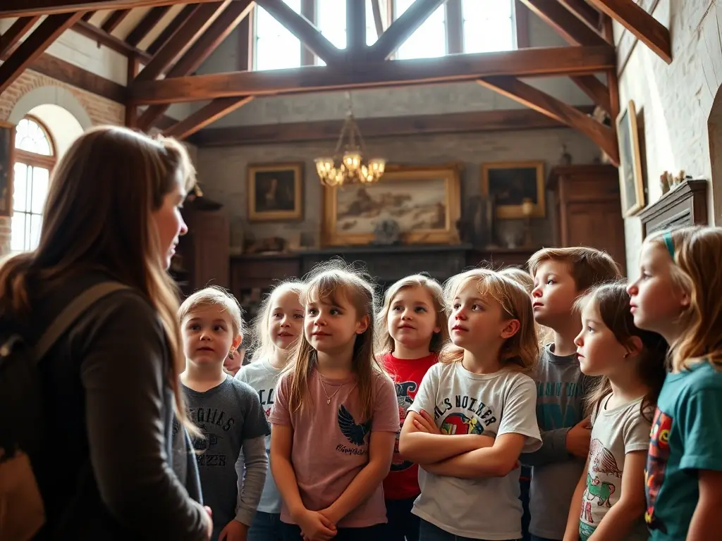 A photograph capturing a group of local school children participating in an educational tour of the Saint Nicolas Chapel, led by a member of LES AMIS, illustrating the association's community outreach efforts.